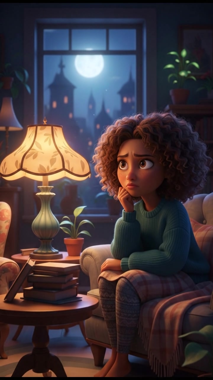 A dimly lit room with a single lamp casting shadows, Nia sits on a couch looking thoughtful.