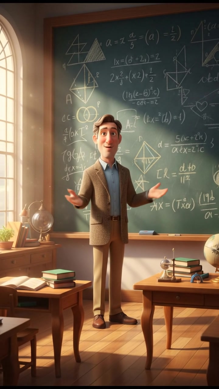 Mark stands in front of a chalkboard filled with equations in a bright classroom.