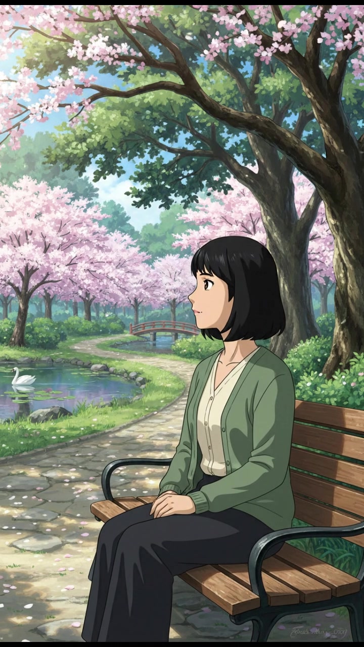 A peaceful park with Li sitting on a bench, looking contemplatively at the trees around her.