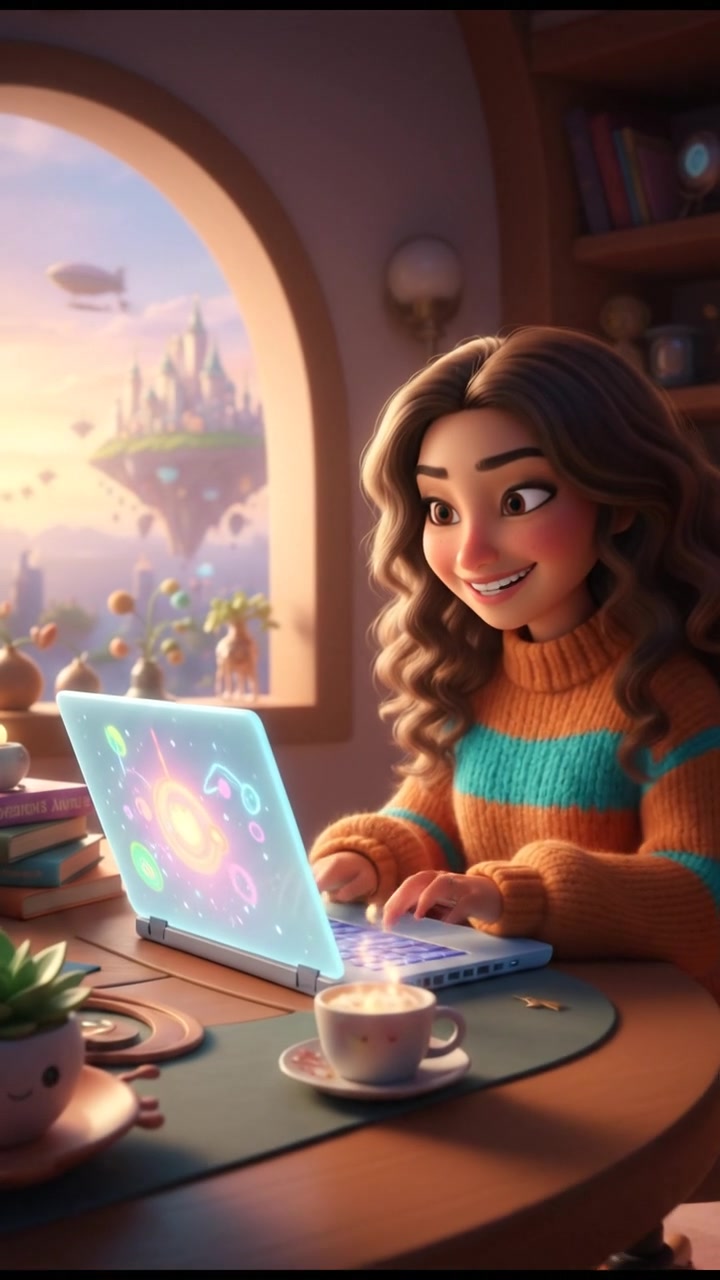 Maya sitting at the desk, smiling as she types on the laptop.