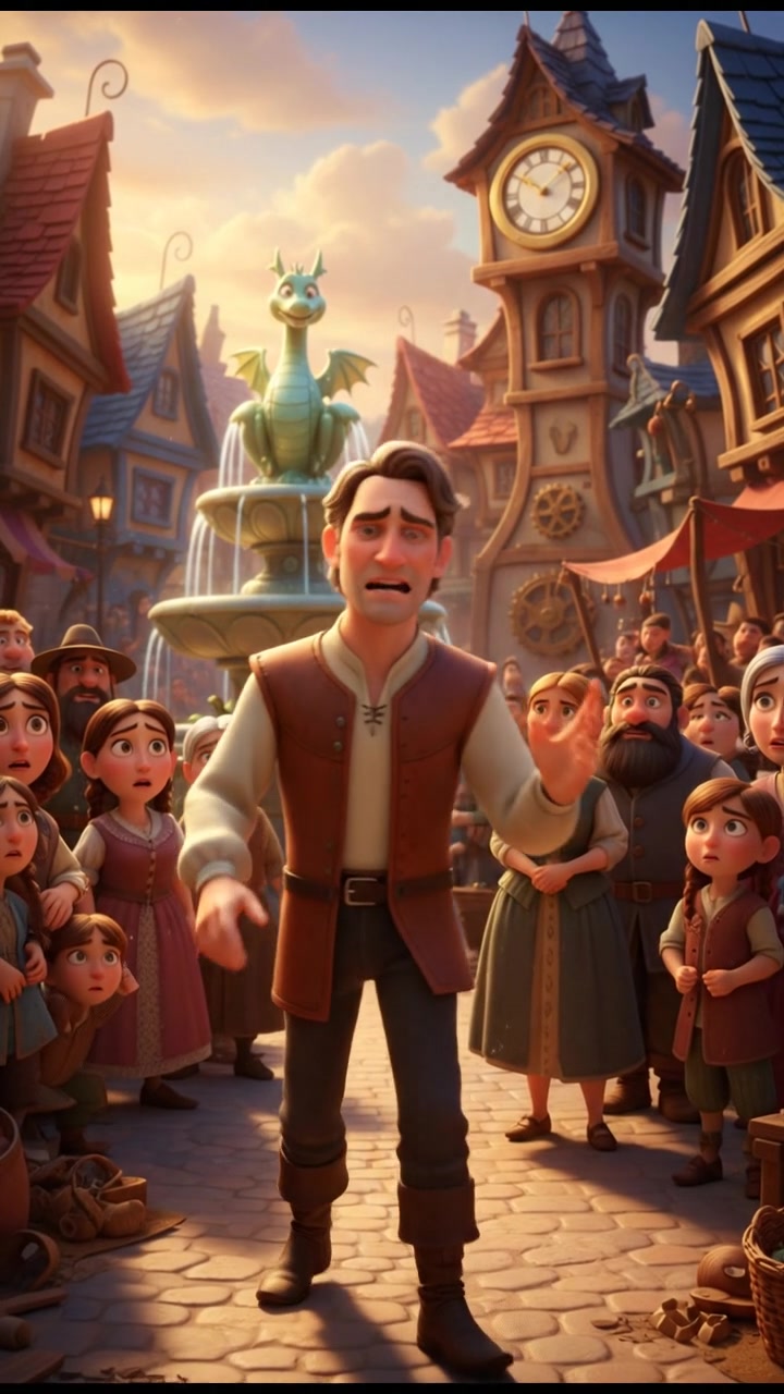 Mark, standing with concern in the village square, addressing a crowd of anxious villagers.