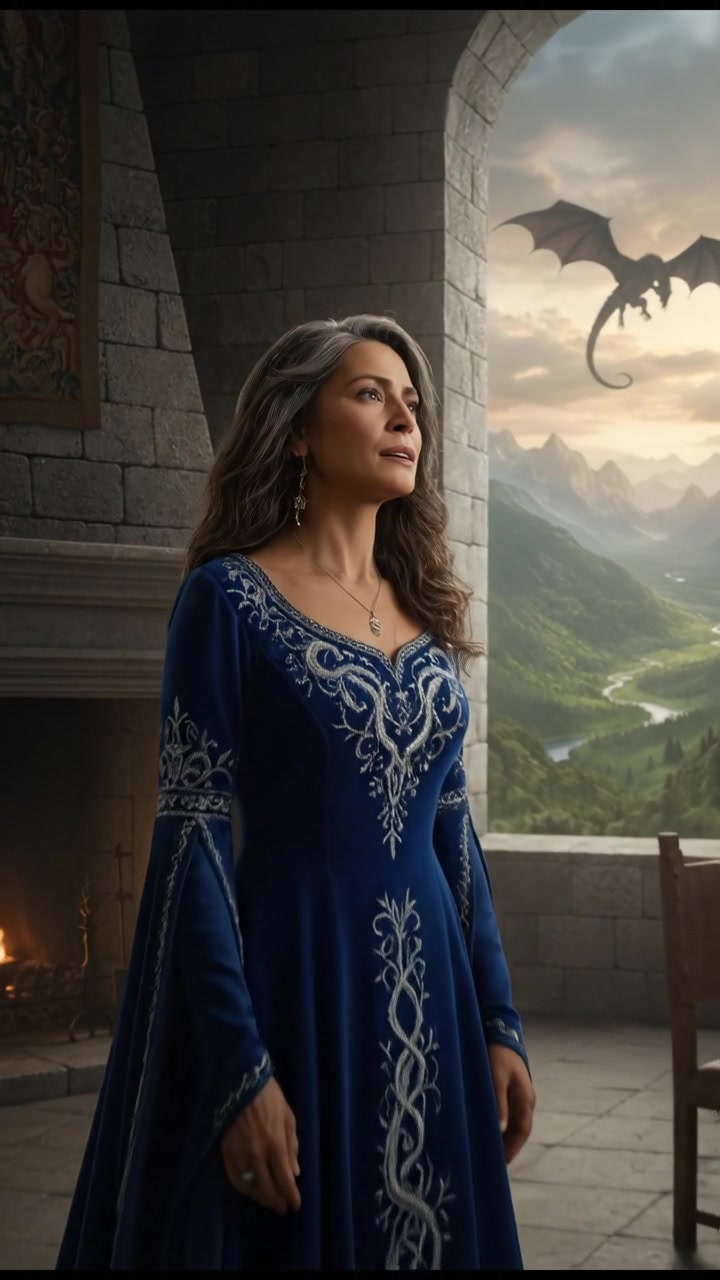 A wide shot of an empty room with Asha standing by a window, looking outside with a pensive expression.