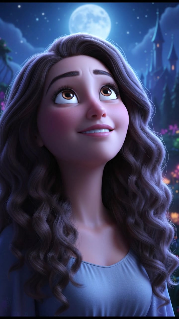 A close-up of Maya's face illuminated by moonlight, showcasing her hopeful expression.