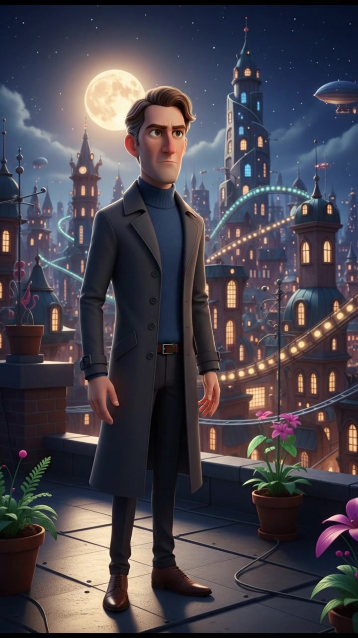 Mark standing on a rooftop at night, looking seriously towards the city skyline.