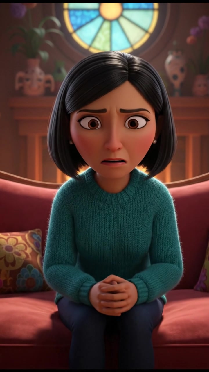 Li sitting on a couch, looking worried with her hands clasped together.