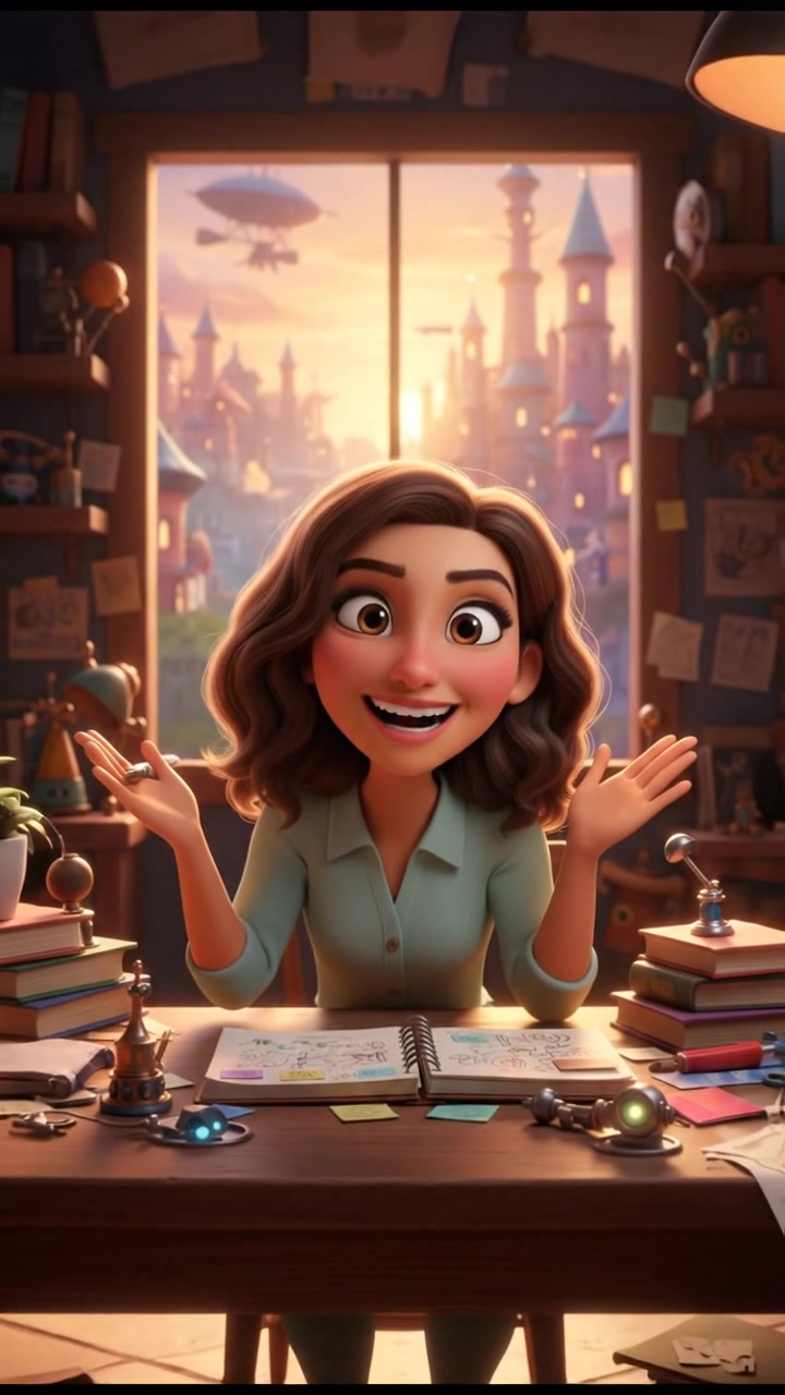 The Laila sitting at a desk with a notebook open, looking excitedly at the camera.