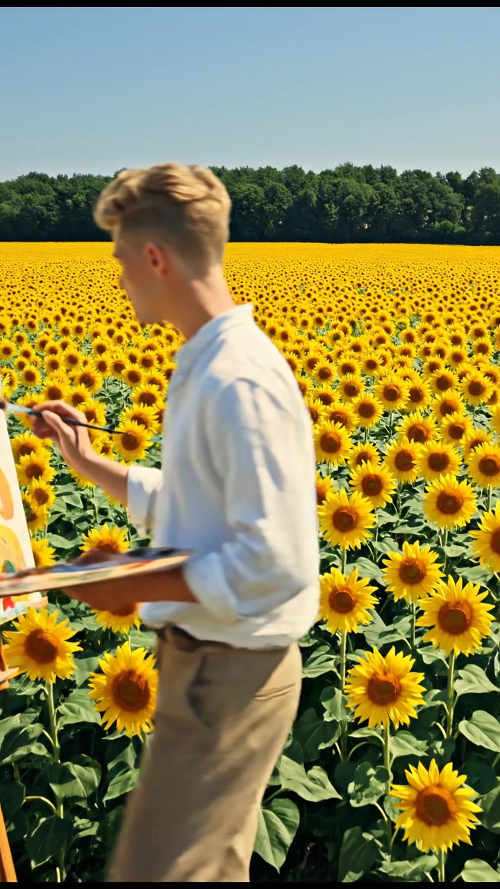 Ryan painting at an easel in a sunflower field, with a blue sky overhead.