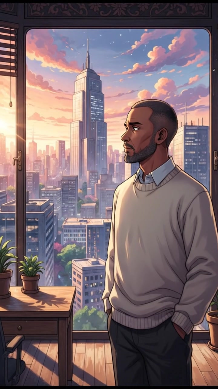 Kwame looking contemplative, staring out the window toward the office.