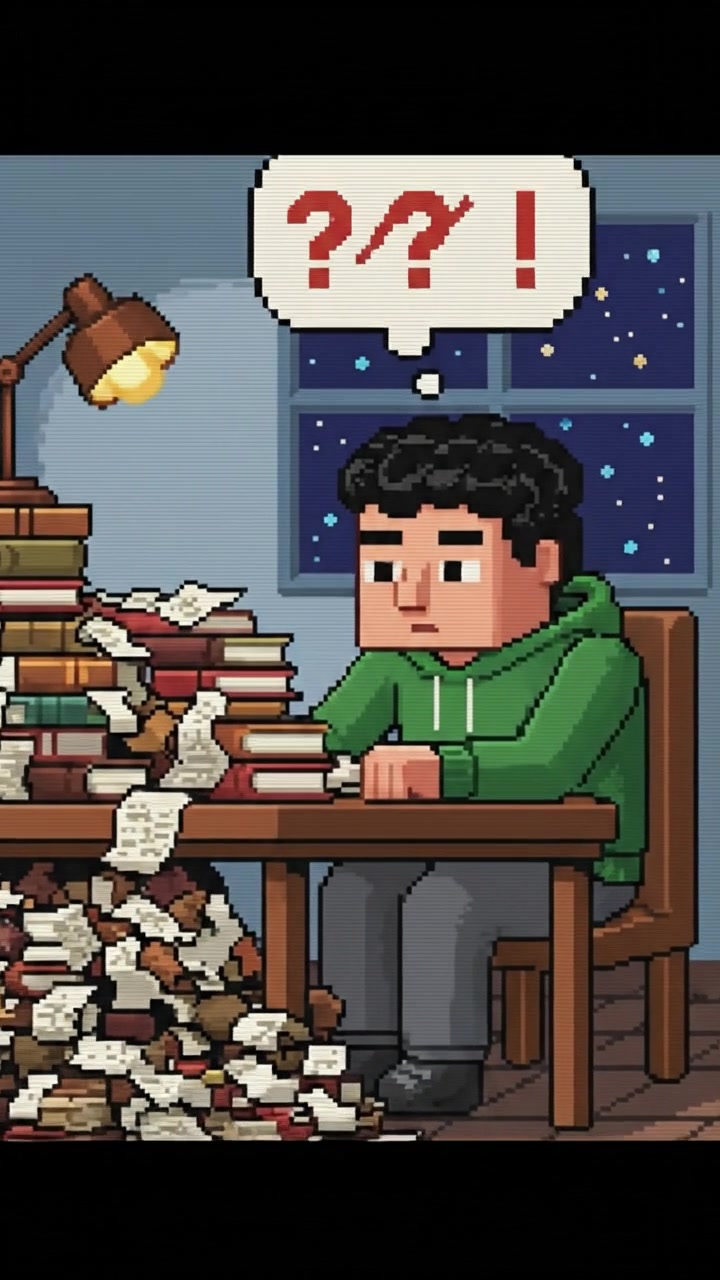 Ken sits at a desk cluttered with books and papers, looking overwhelmed.