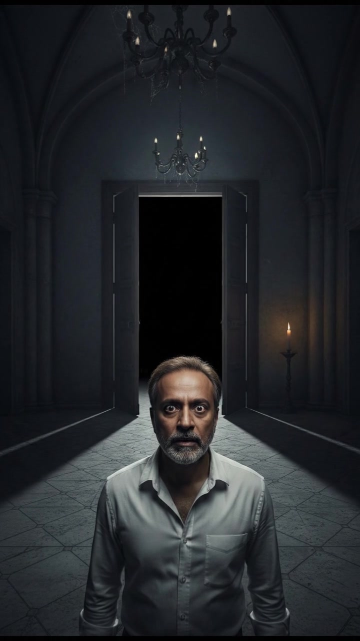 Raj frozen in fear, wide shot of the door ominously opening by itself.