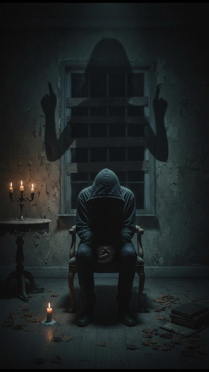 A dark room with shadows cast on the walls, with a faint outline of the Ashley's spirit appearing behind a person.