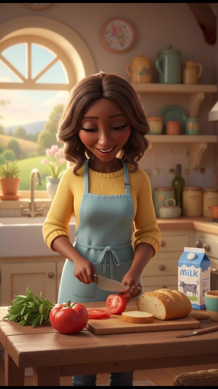 Monique, in a cozy kitchen, prepares a simple meal with a few ingredients on the table, smiling as she works.