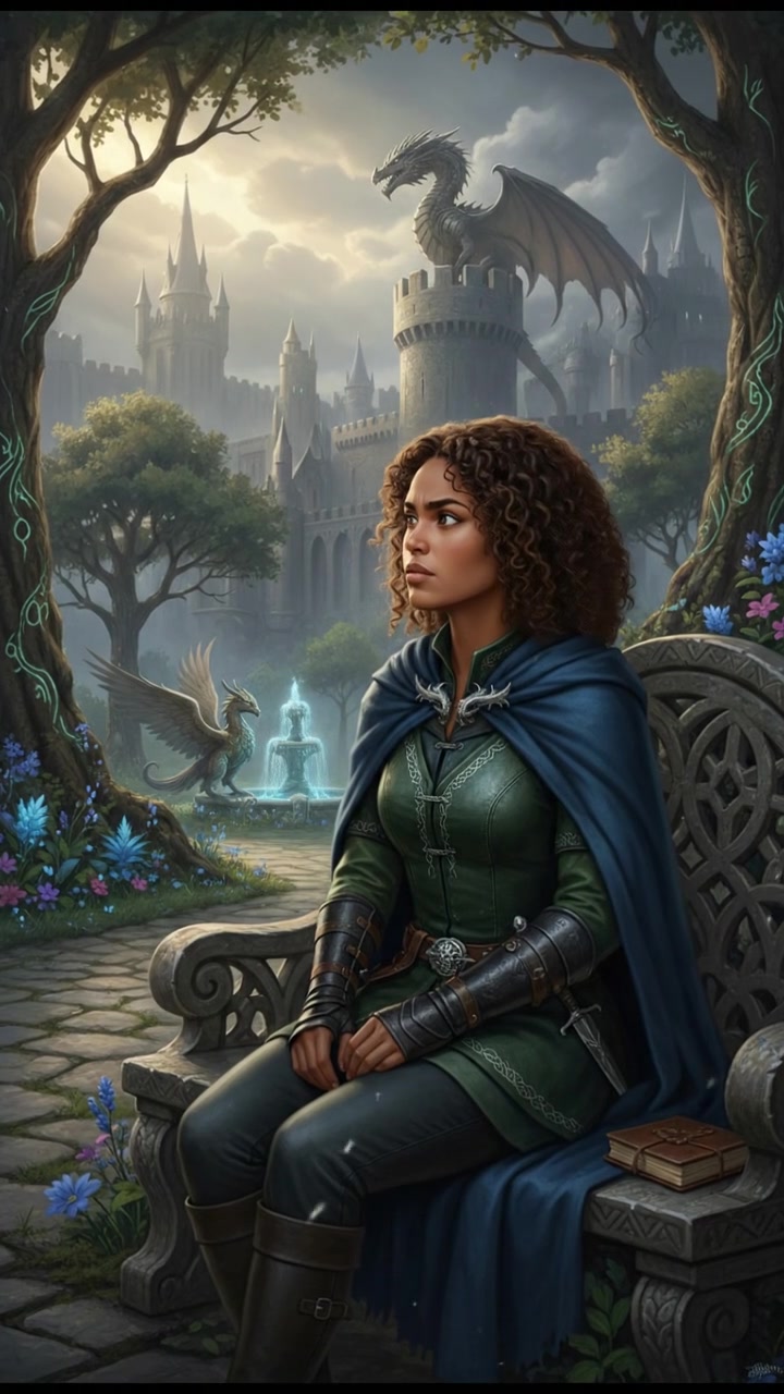 Nia sitting on a bench in a park, contemplating and looking determined.