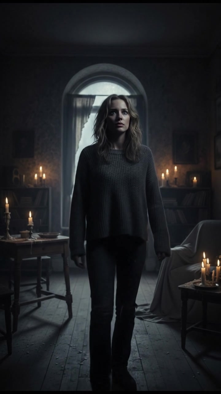 Ashley looking around her dimly lit apartment with wide eyes, capturing her nervousness.