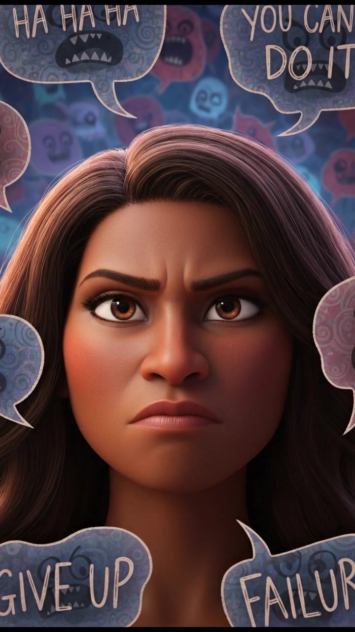 A close-up of the Monique's face, showing her determination despite the mocking voices in the background.