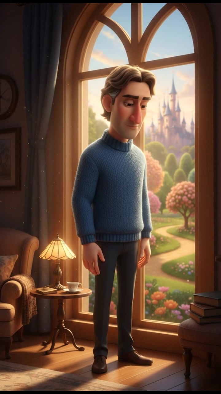 A serene scene of Mark standing by a window, reflecting on love and life, bathed in soft light.