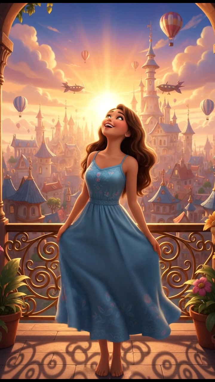 Maya standing on a balcony, smiling at the sunrise, with a city skyline in the background.