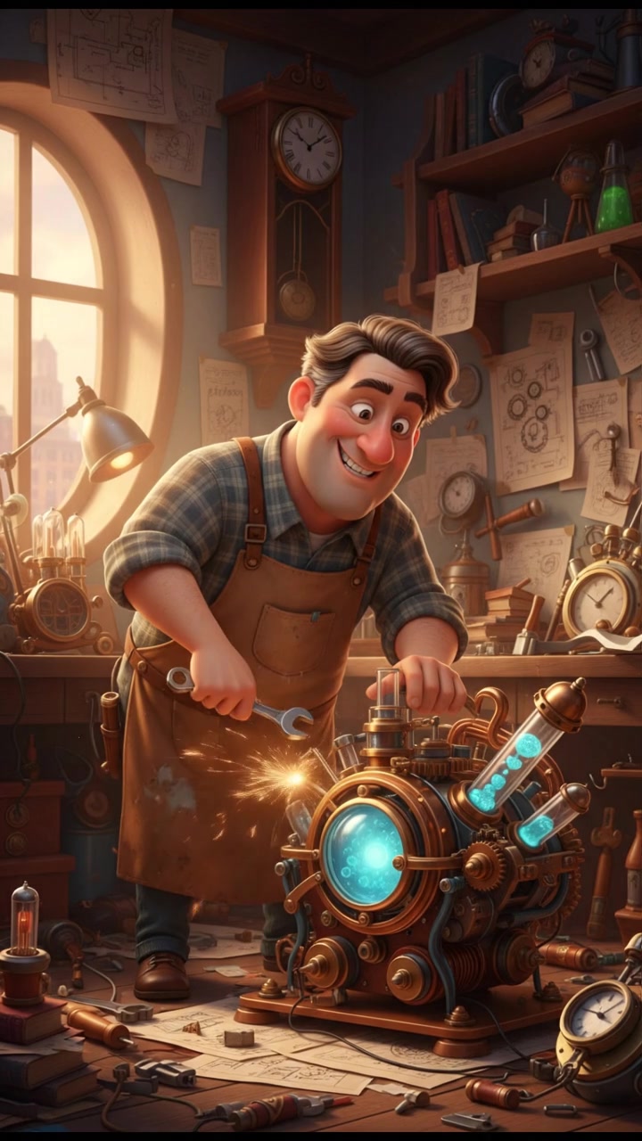 Mark in a cluttered workshop, surrounded by blueprints and tools, working on a time machine.