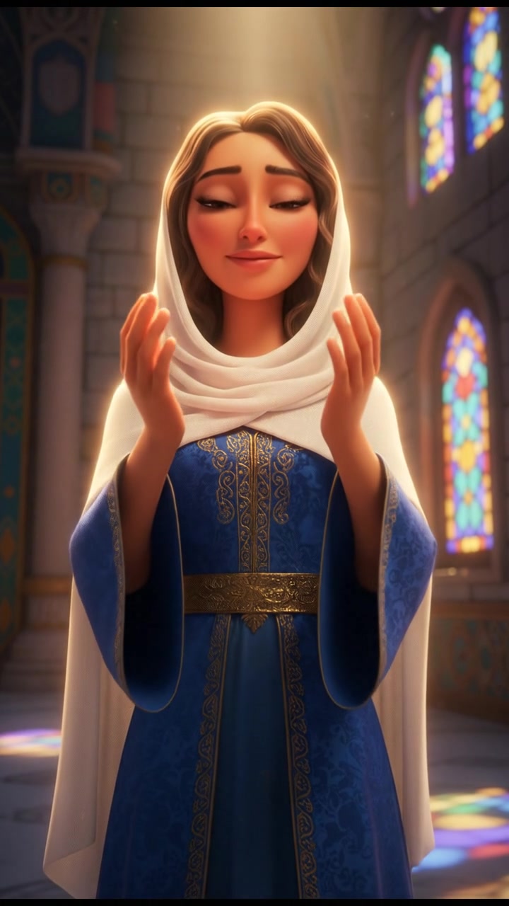 Laila's hands clasped together in prayer, with a soft light illuminating her serene expression.