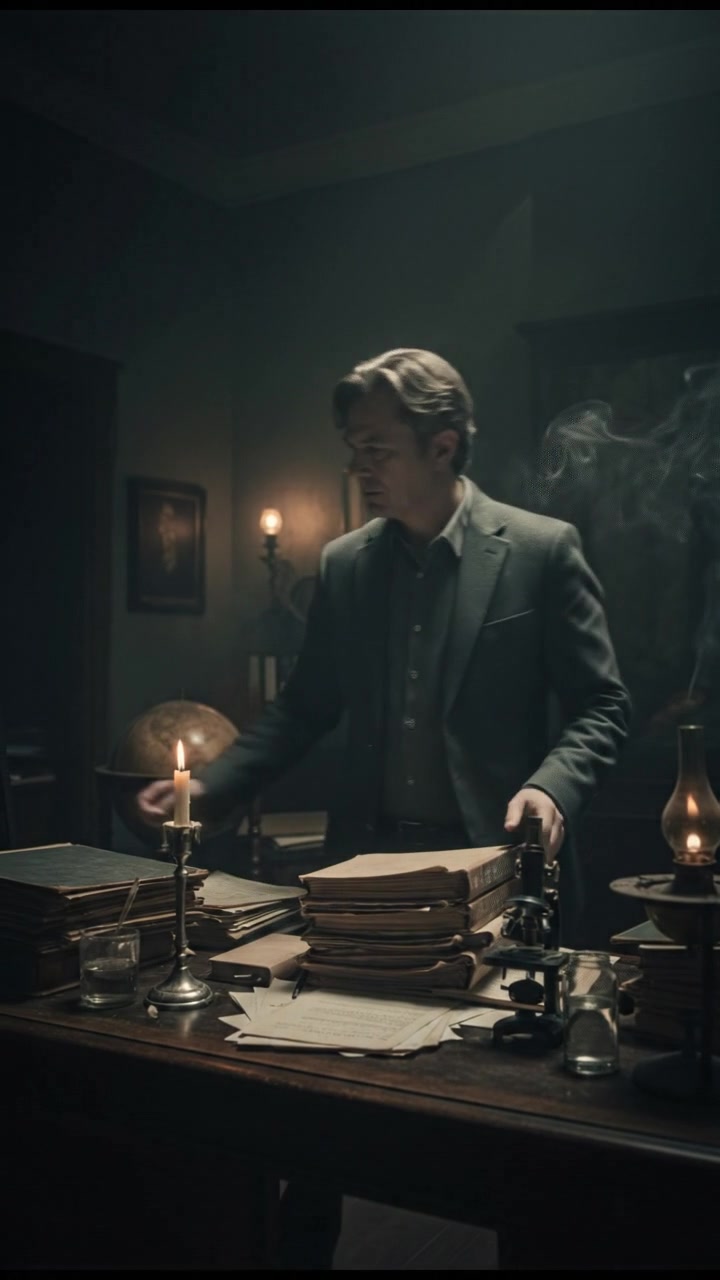 Mark stands at a cluttered desk in a dimly lit office, examining a stack of files.