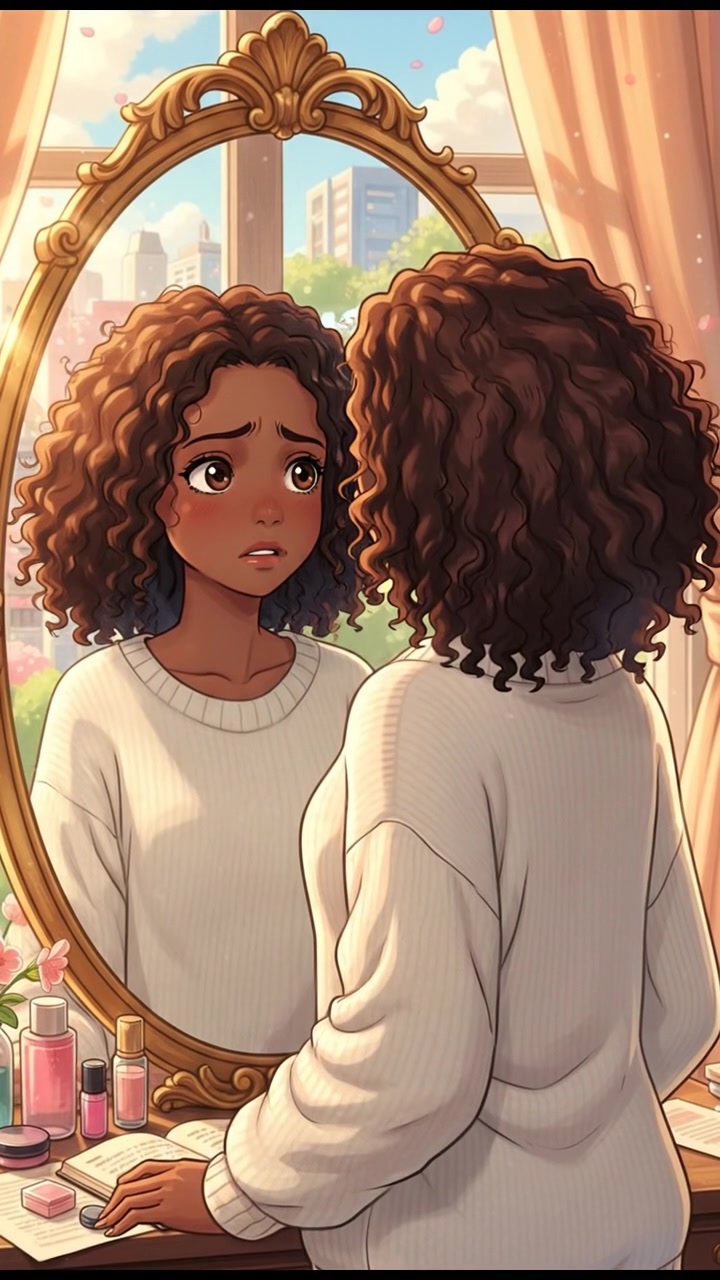 Nia stands in front of a mirror, looking at her reflection with a worried expression.