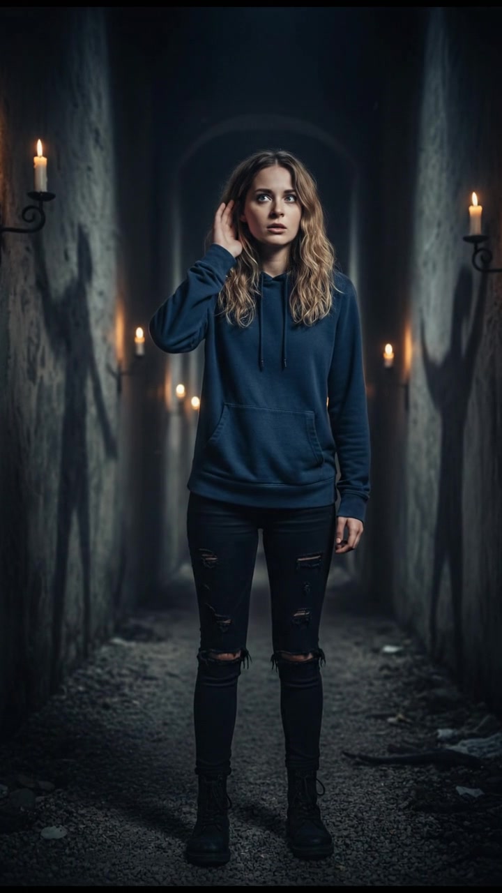 A dark corridor, shadows looming, as Ashley hears a distant sound.