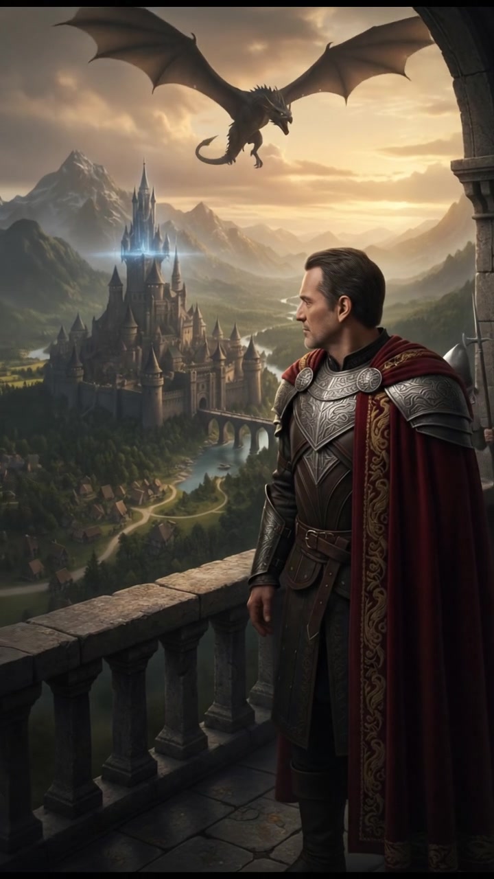 Omar stands on a balcony overlooking a vast kingdom, with castle towers in the background.