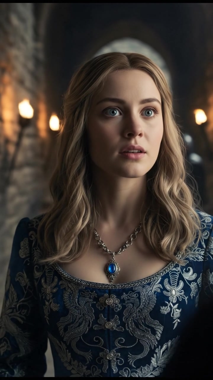 Close-up of Ashley's face as she looks around, anticipation in her blue eyes.