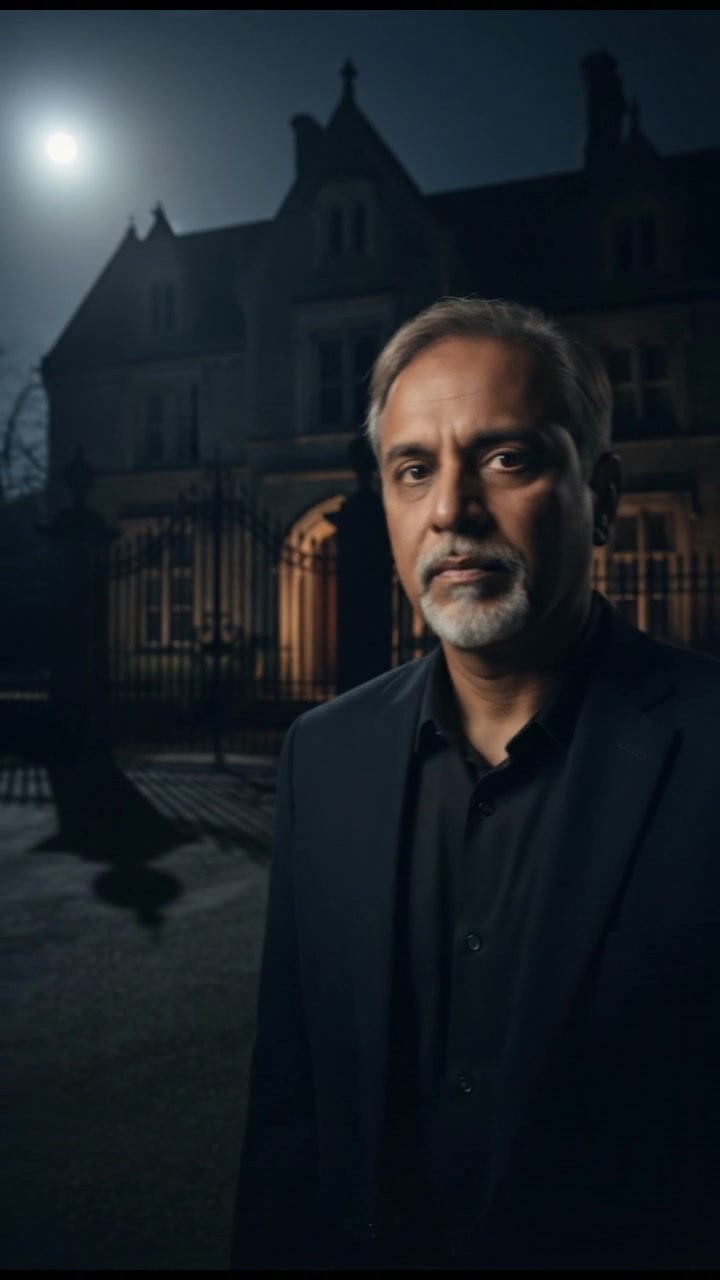 Raj, with a slight graying goatee, stands outside a large, old mansion at night, moonlight illuminating the building.