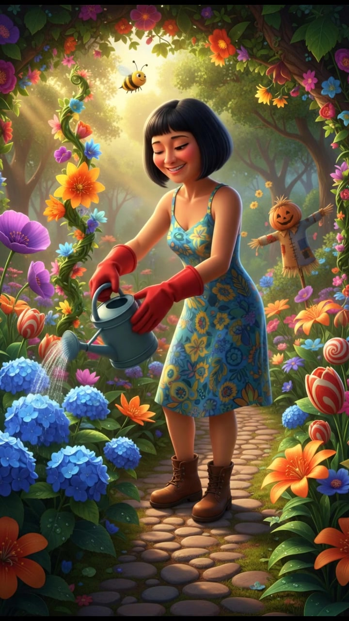 Li, standing in a sunlit garden filled with flowers, joyfully tending to the plants.
