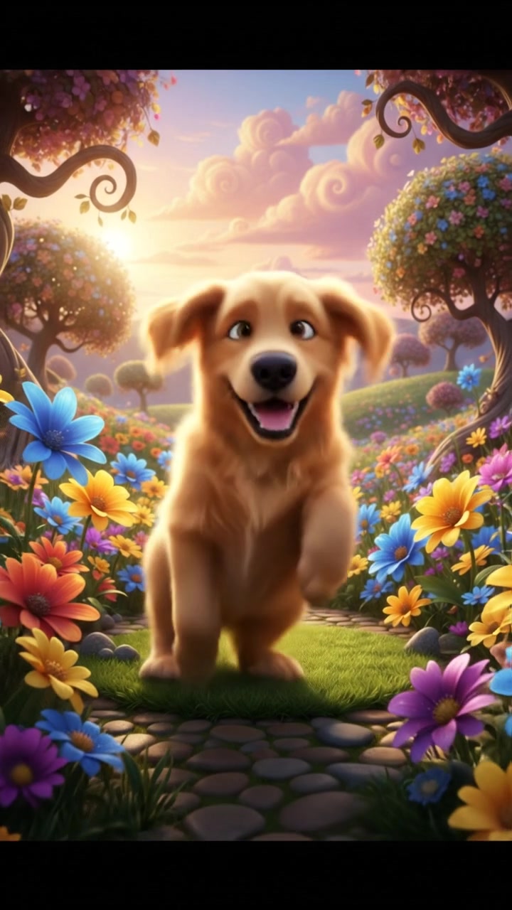 Rover stumbles on a patch of grass, with a joyful expression on his face, surrounded by flowers.