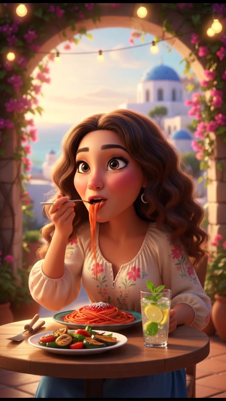 Maya enjoying a meal at a small table, smiling as she eats.