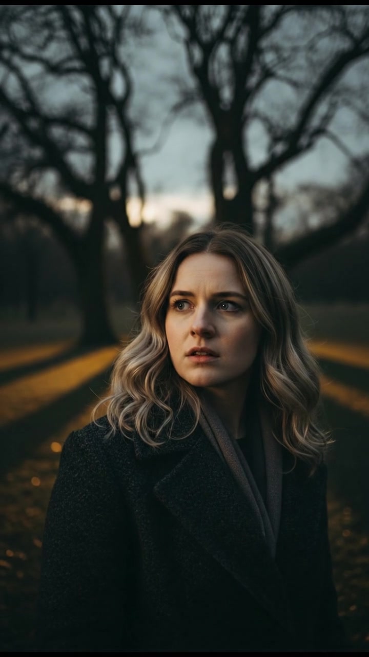 A close-up of Ashley, with a curious expression, standing in a park with trees in the background.