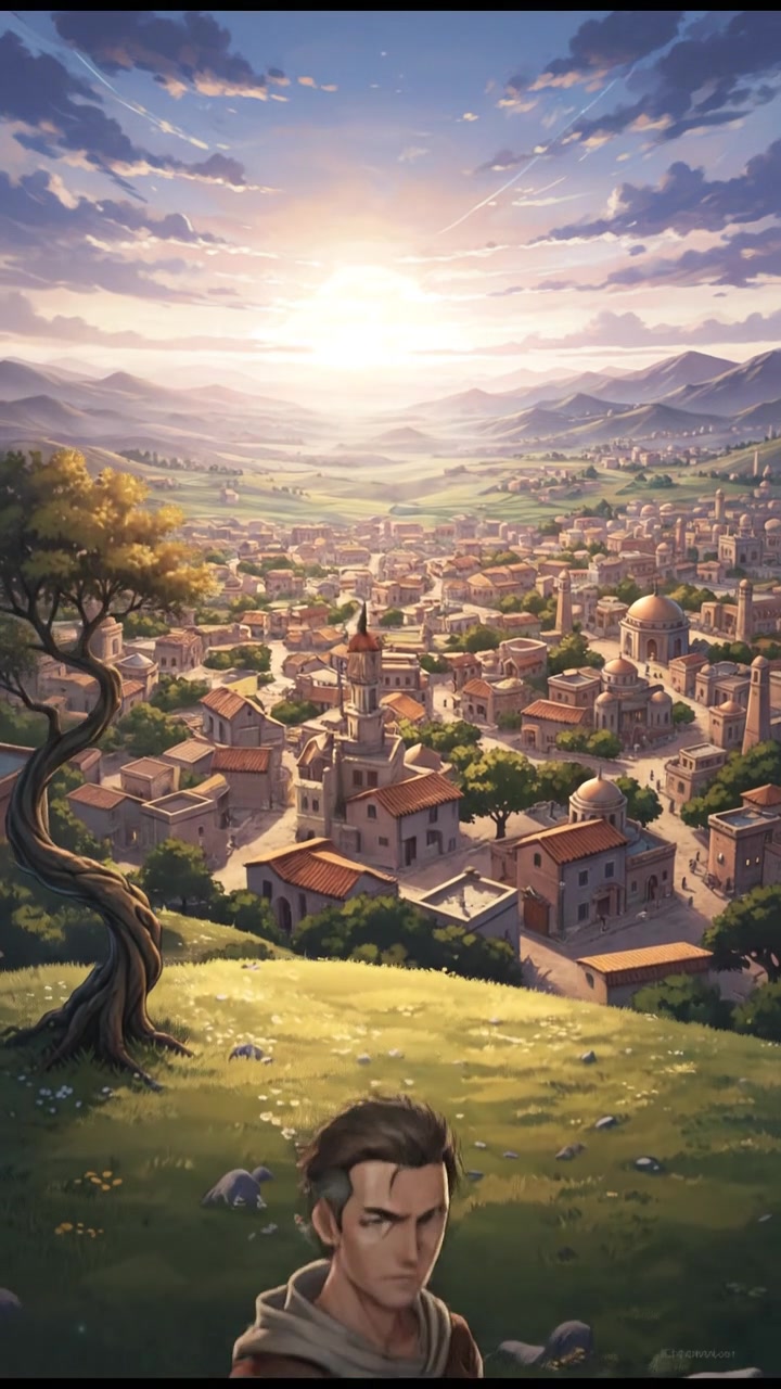 Omar standing on a hill, gazing at the village with determination.