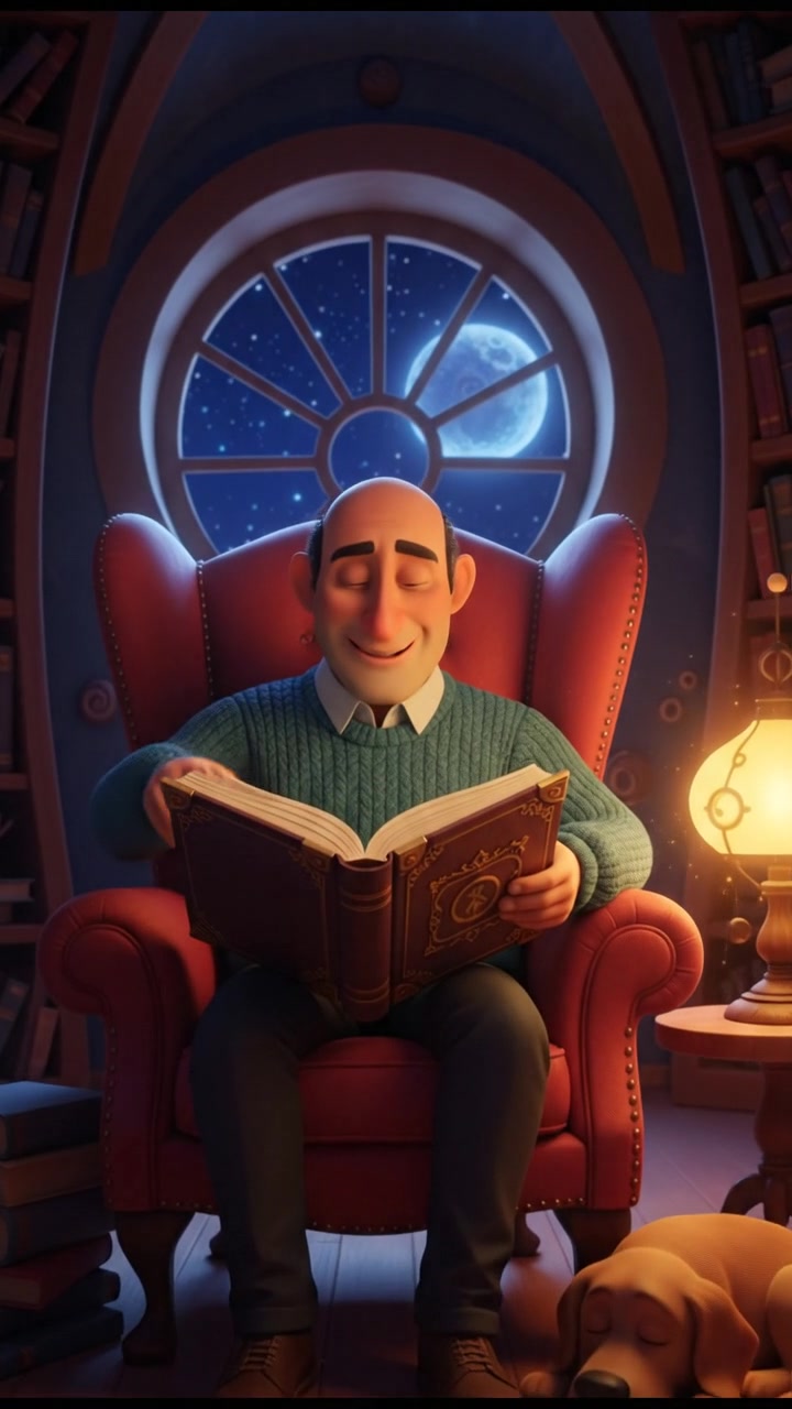 The Carlos sitting in a cozy armchair, holding a book, with a warm light illuminating the room.