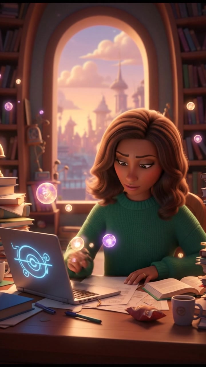 Monique, sitting at a desk with a laptop and piles of papers, deep in thought.