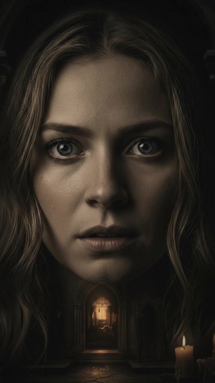 A close-up of Ashley's face, showing her expression of intrigue as she gazes into the building.