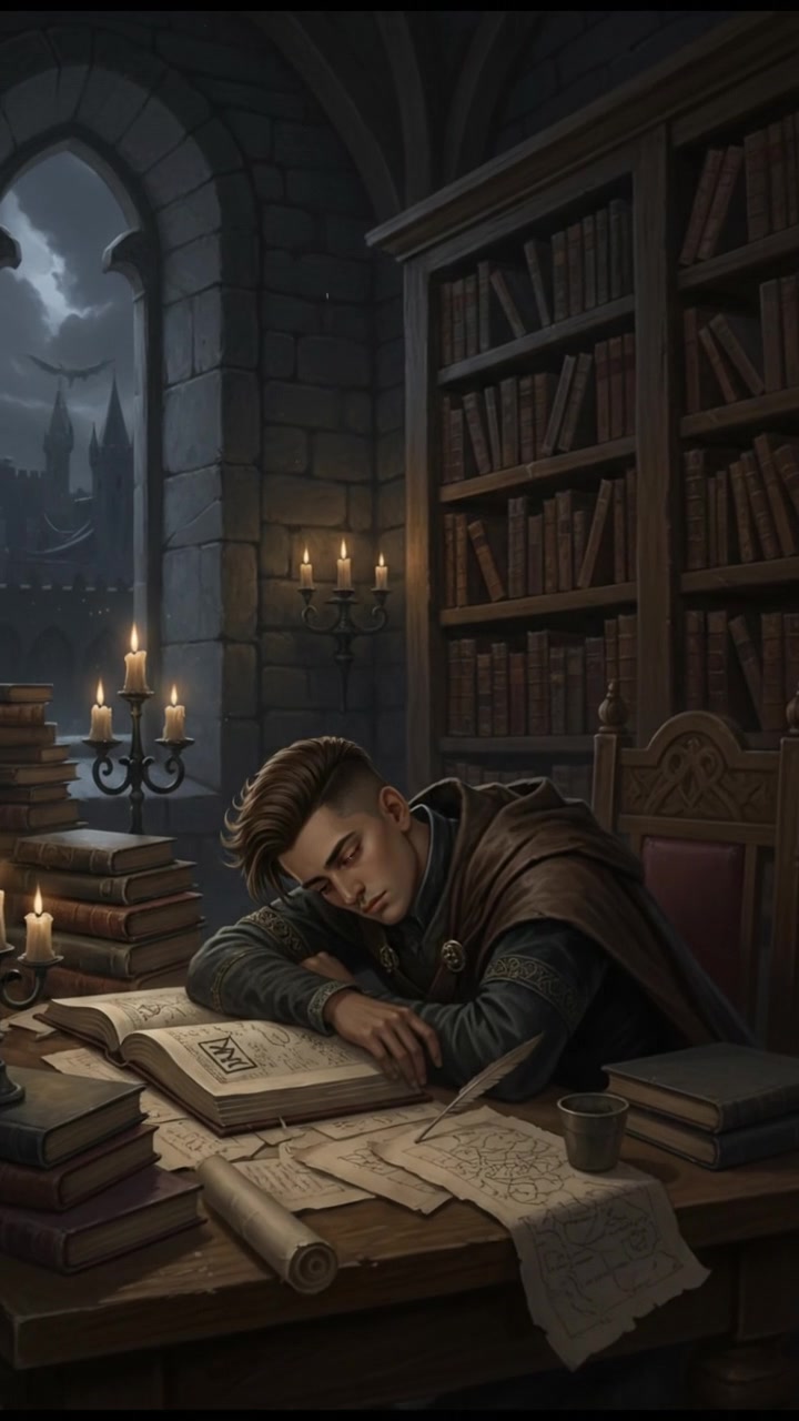A dimly lit room filled with books, Arjun looks tired, slumped over a desk.