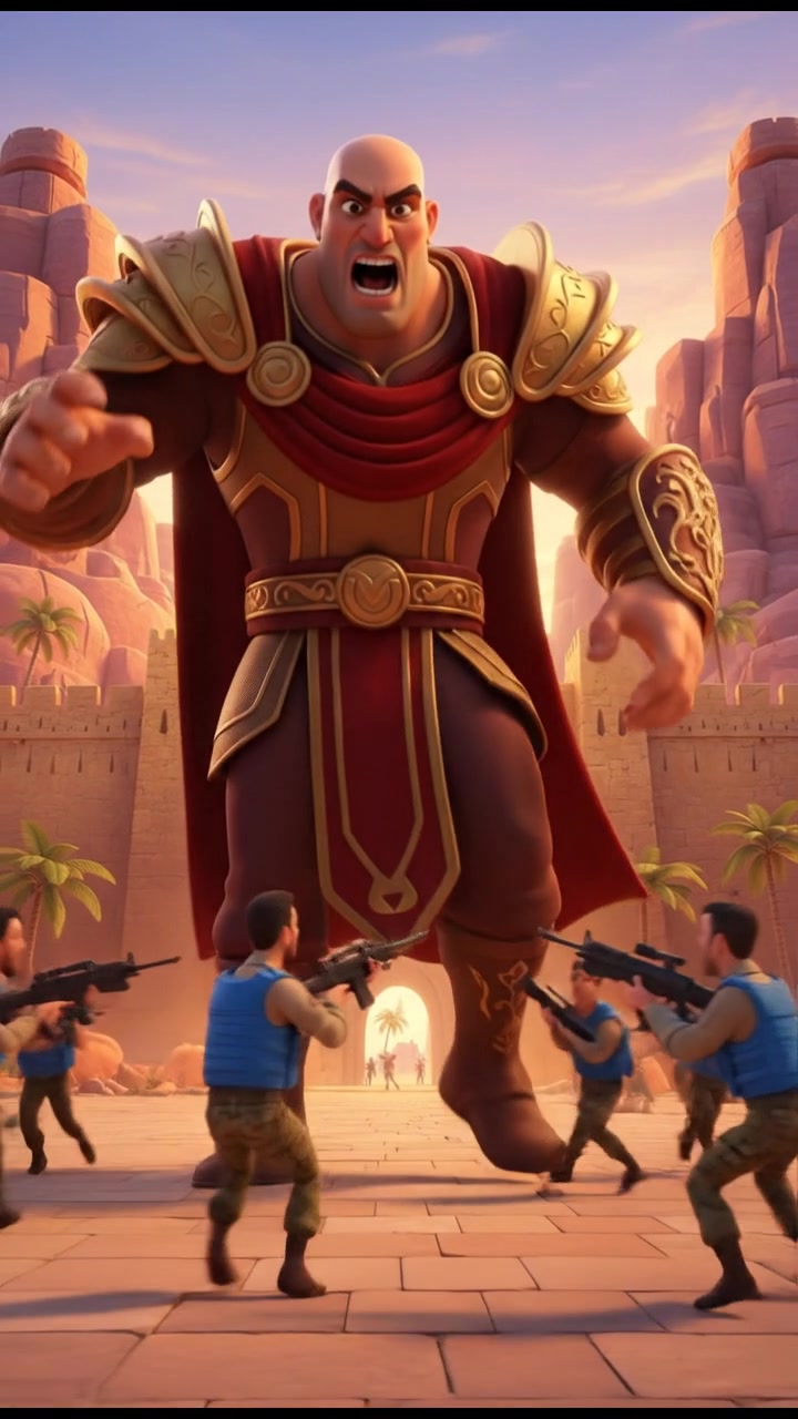 A towering figure, Carlos, looming over the Israeli soldiers, challenging them fiercely.