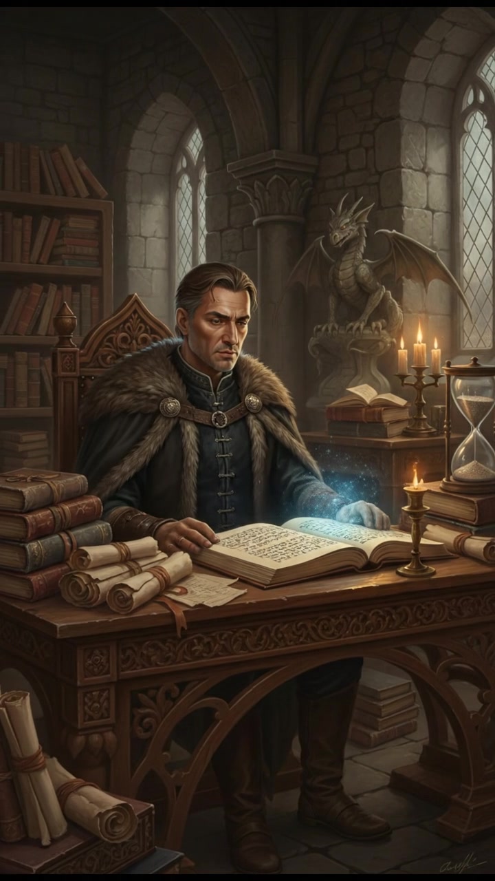 Omar, surrounded by scrolls and ancient texts in a dimly lit study.