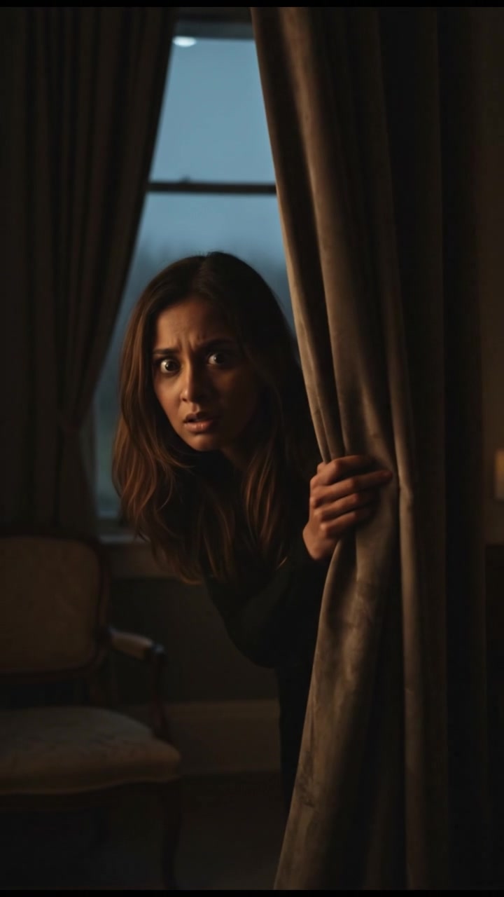 Priya peeking through her curtains, a frightened look on her face.