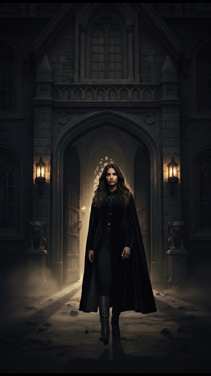 Riya standing confidently, unfazed, in front of the daunting mansion entrance.