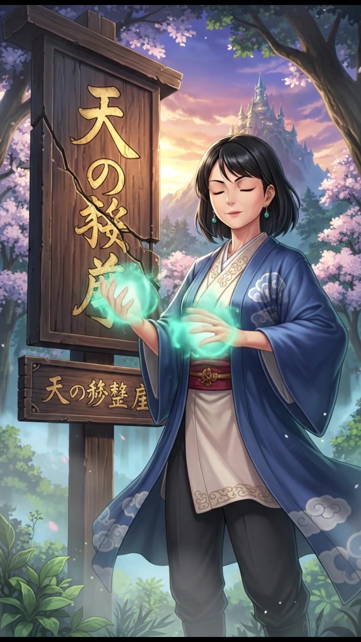 Li standing proudly in front of the repaired sign, with a mystical glow around her hands.