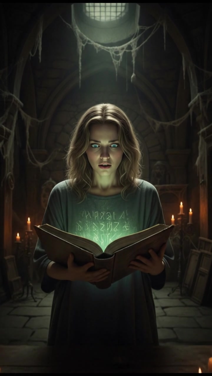 Ashley standing in a dimly lit room, looking shocked and confused as she gazes at an old book.