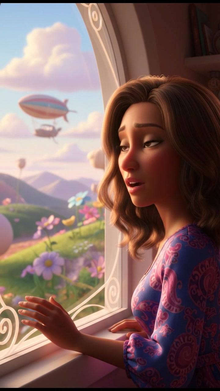 A close-up of the Monique looking thoughtfully out of a window, her face illuminated by soft light.