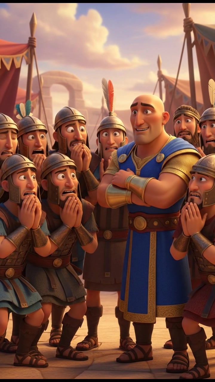 Close-up of frightened Israelite soldiers huddled together, whispering nervously while looking at Carlos.