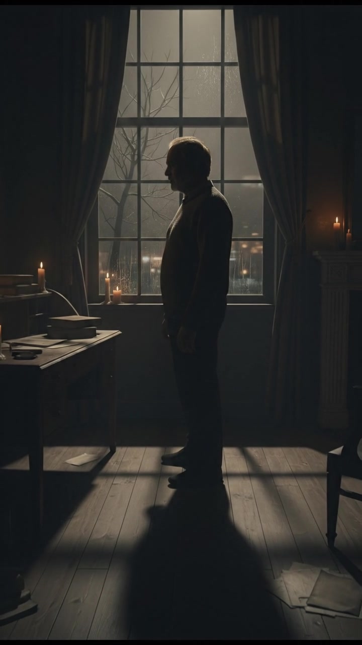 A darkened room with a silhouette of Raj, staring out the window, reflecting on feelings of loneliness.