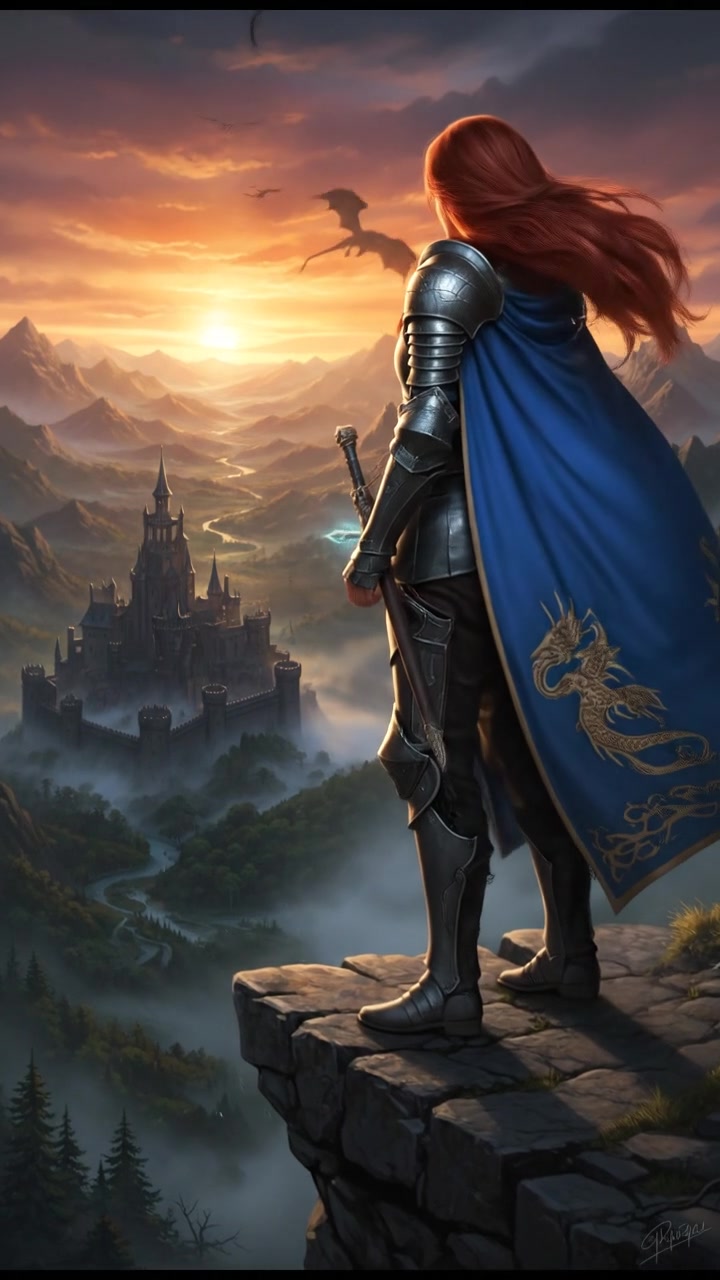 Emma stands confidently at the edge of a cliff, gazing into the sunset over a vast valley.