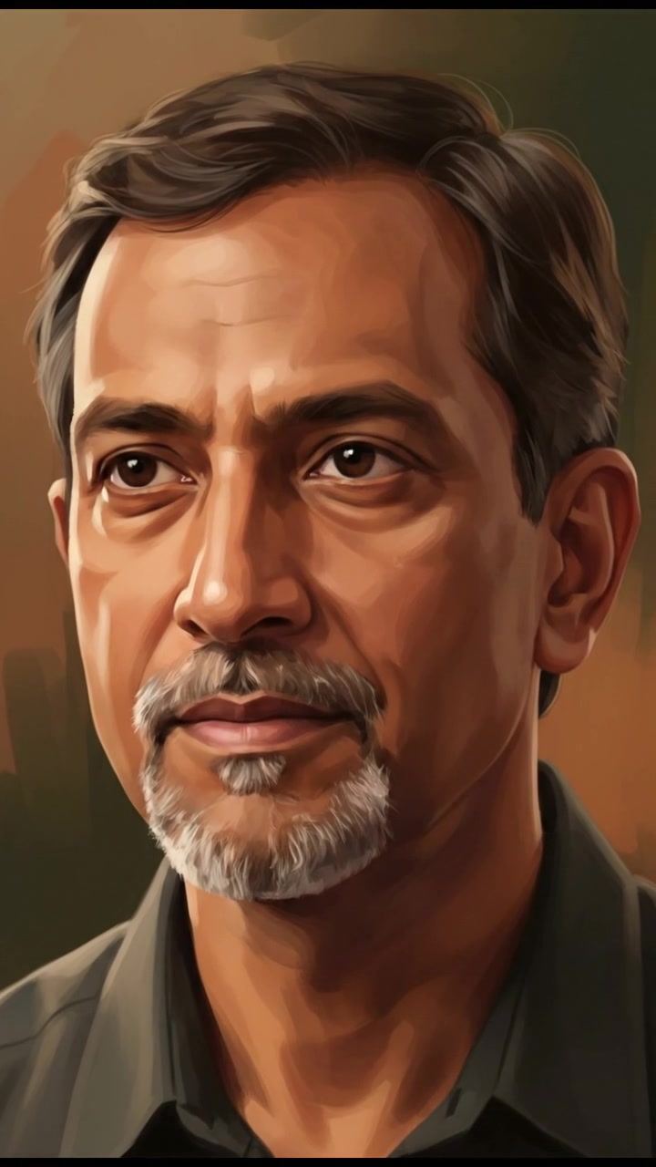 A close-up of Raj’s contemplative face, with a soft light illuminating his features, showing wisdom.