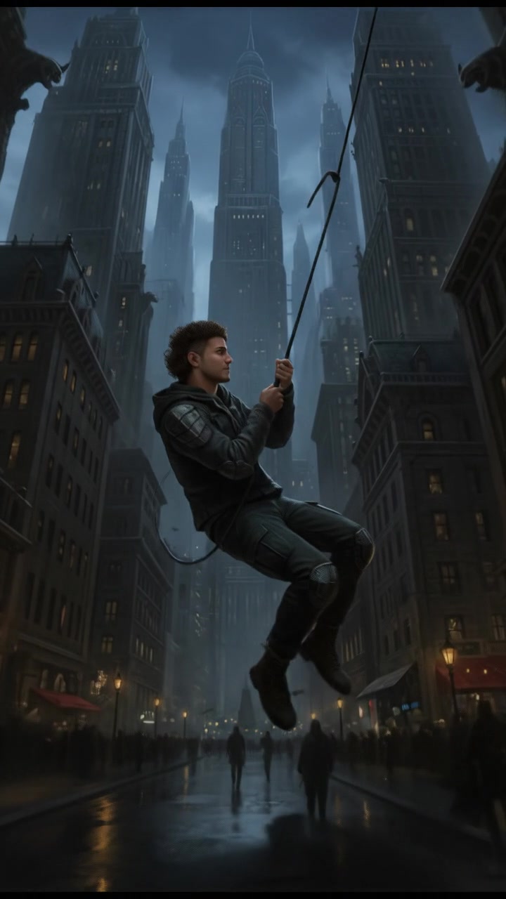 Mateo swinging through a bustling city, skyscrapers towering in the background, with a blue sky above.